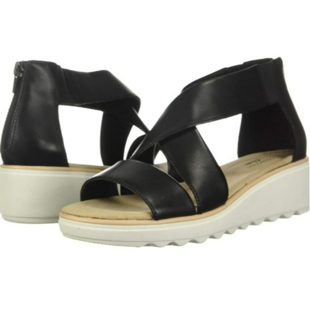Clarks Jillian Rise Wedge Sandals Black Leather -6 - Picture 5 of 8